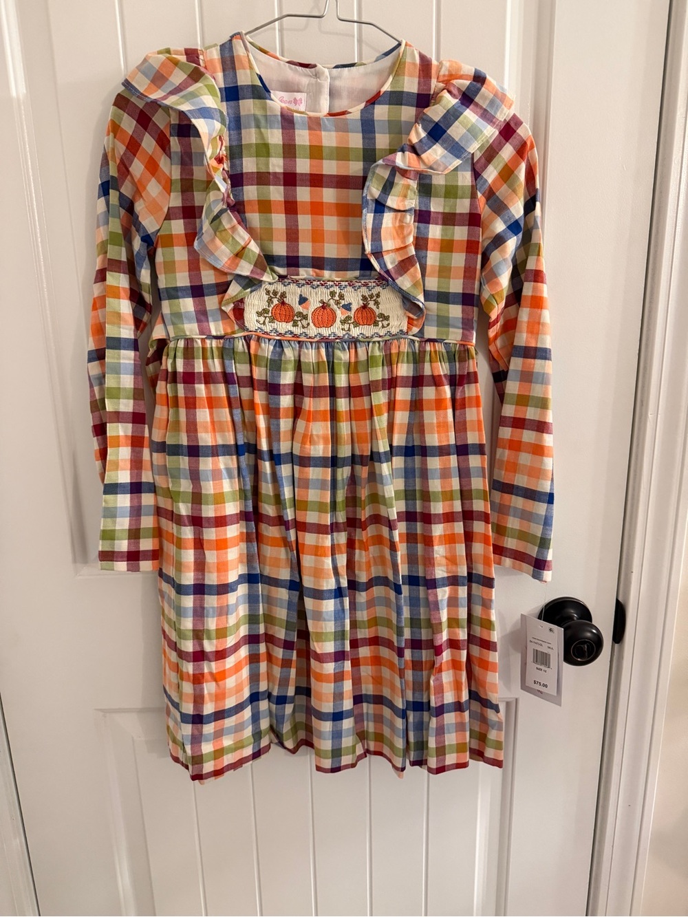 NWT Girls Orange Plaid Pumpkin Smocked Dress Bonnie Jean size 12